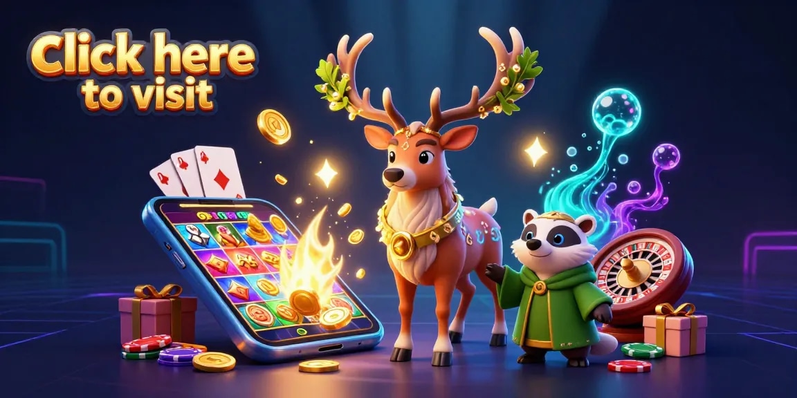 Click here to visit an enchanting casino scene with a druid stag, badger, and vibrant game elements.