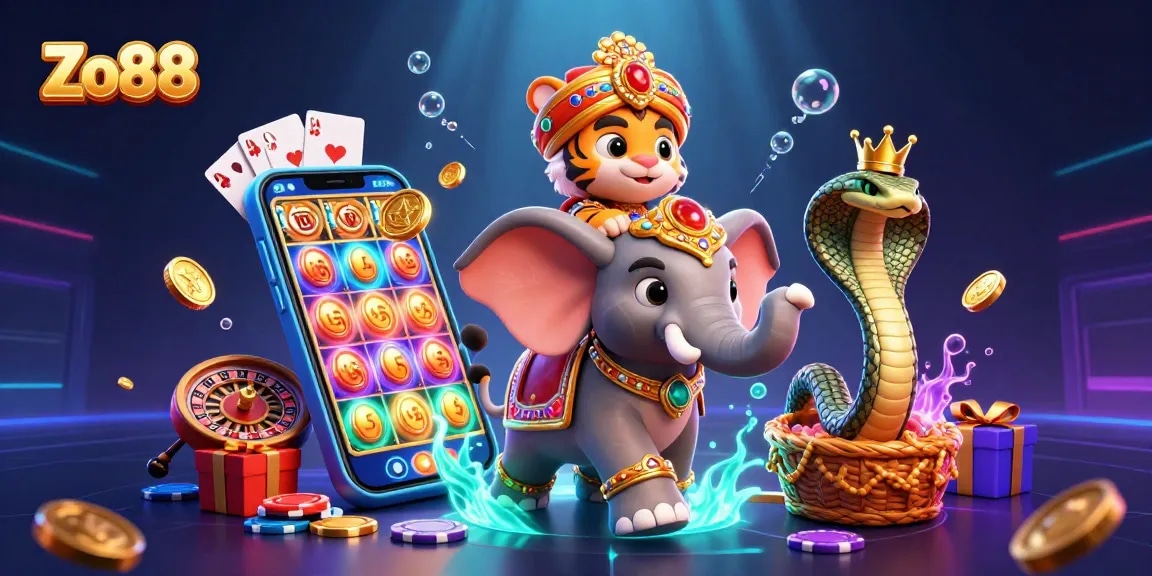 Experience exciting gameplay with Zo88, featuring a tiger, elephant, and vibrant casino elements.