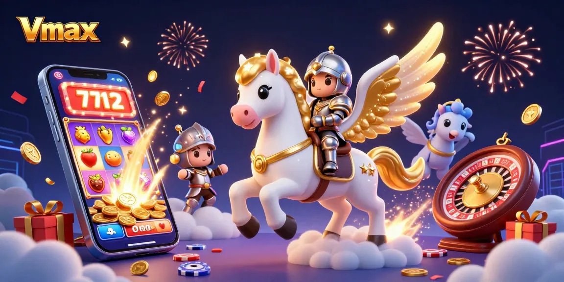 Experience thrilling wins with Vmax's dynamic slots, golden wings, and festive casino elements.