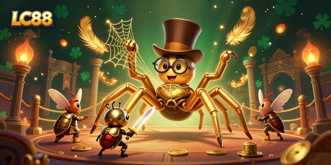 Join the exciting world of LC88 where a tarantula weaves golden threads among casino pillars.