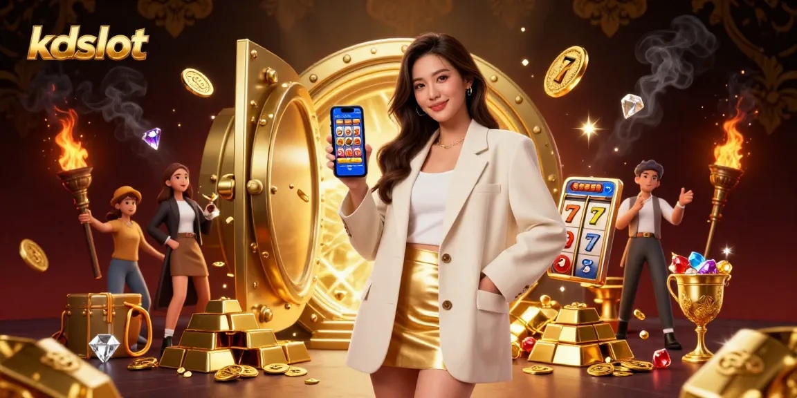 Experience the thrill of kdslot as vibrant slot reels and golden treasures surround a friendly Asian woman.