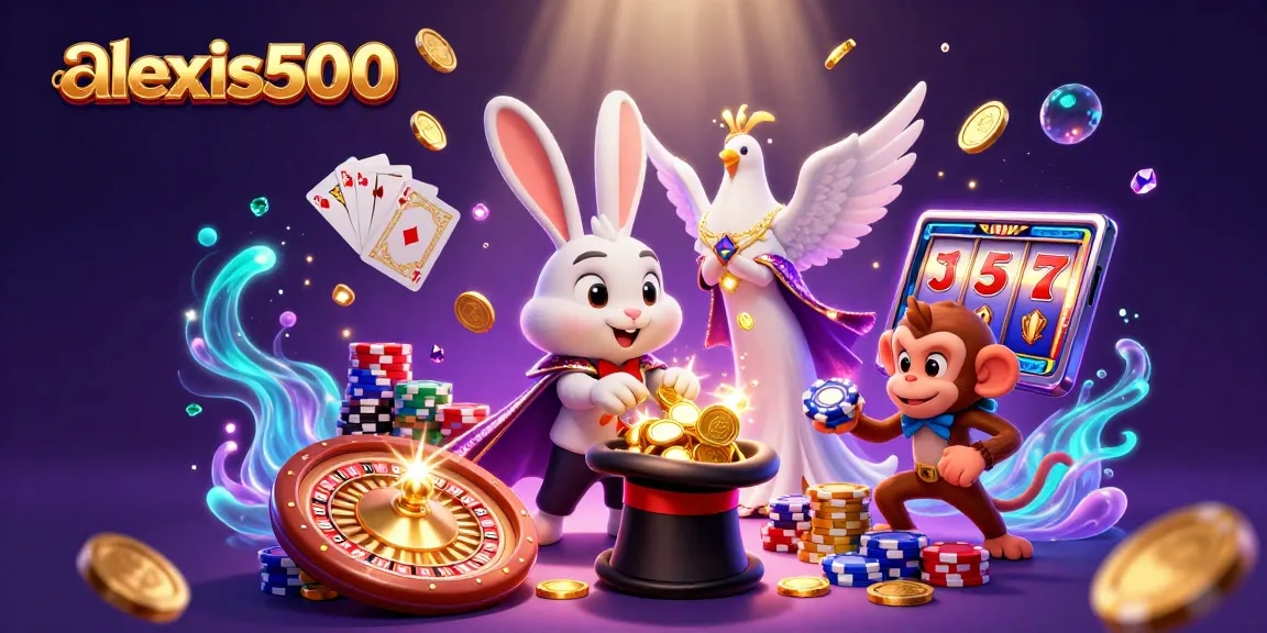 Join the excitement with alexis500 as the magician rabbit pulls coins while a dove sparkles around gaming elements.