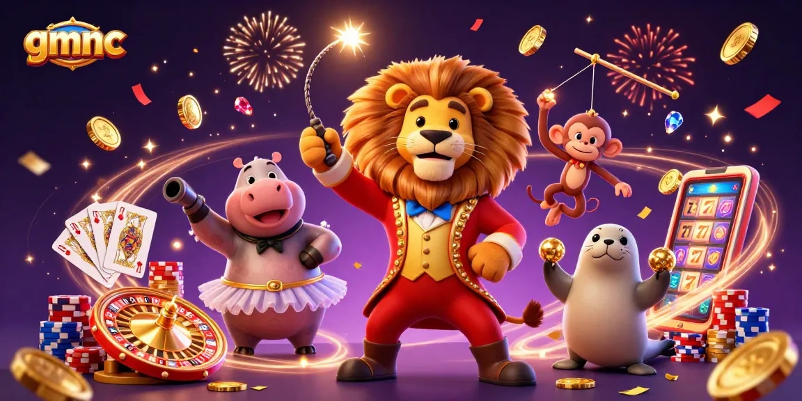 Experience thrills with gmnc as vibrant circus characters celebrate with cascading coins and spinning roulette.