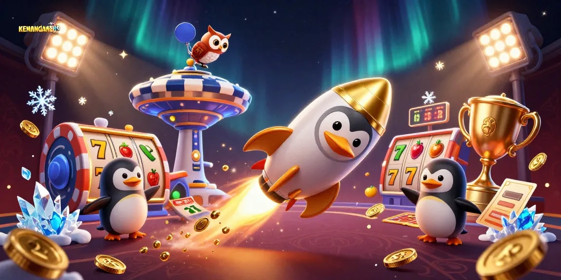 KENANGAN889 showcases a golden penguin soaring towards a casino-themed space station.