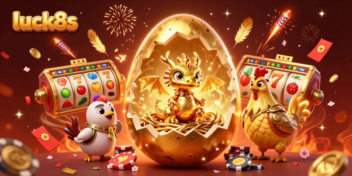 Experience excitement at luck8s with golden dragon on poker chips and vibrant slot reels.
