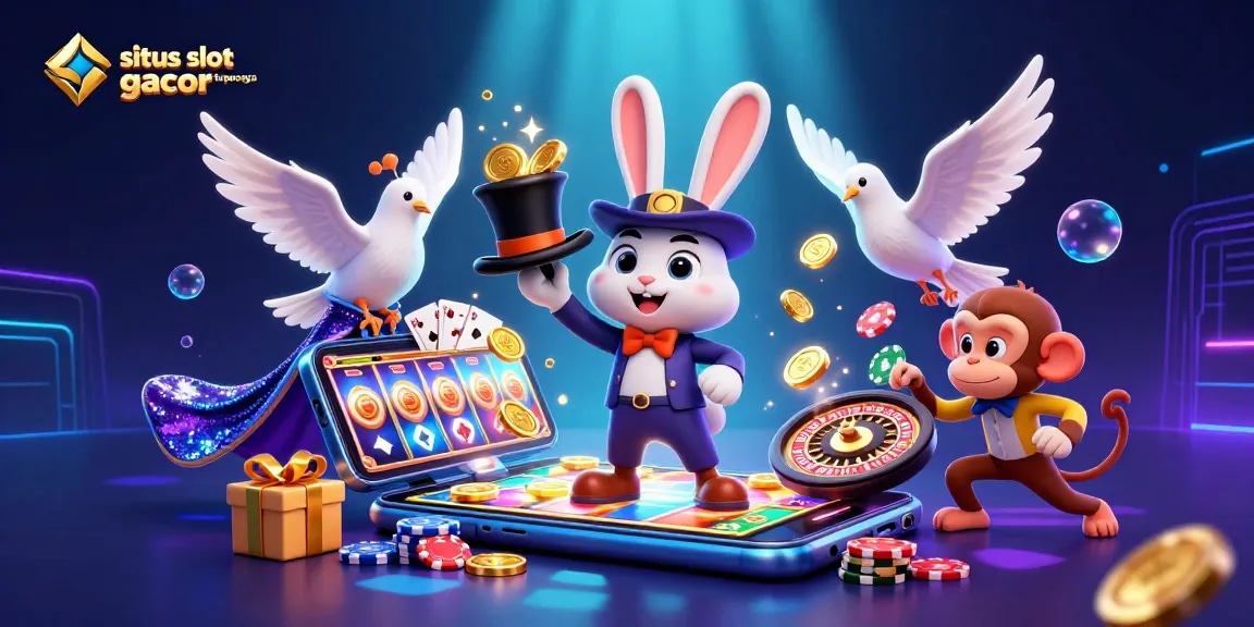 Situs slot gacor terpercaya menampilkan kelinci penyihir menarik koin dari topi, ditambah game slot online dan elemen kasino lainnya.