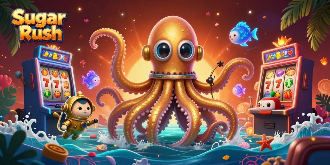 Experience Sugar Rush excitement with a vibrant casino scene featuring a kraken, diving cat, and slot machines.