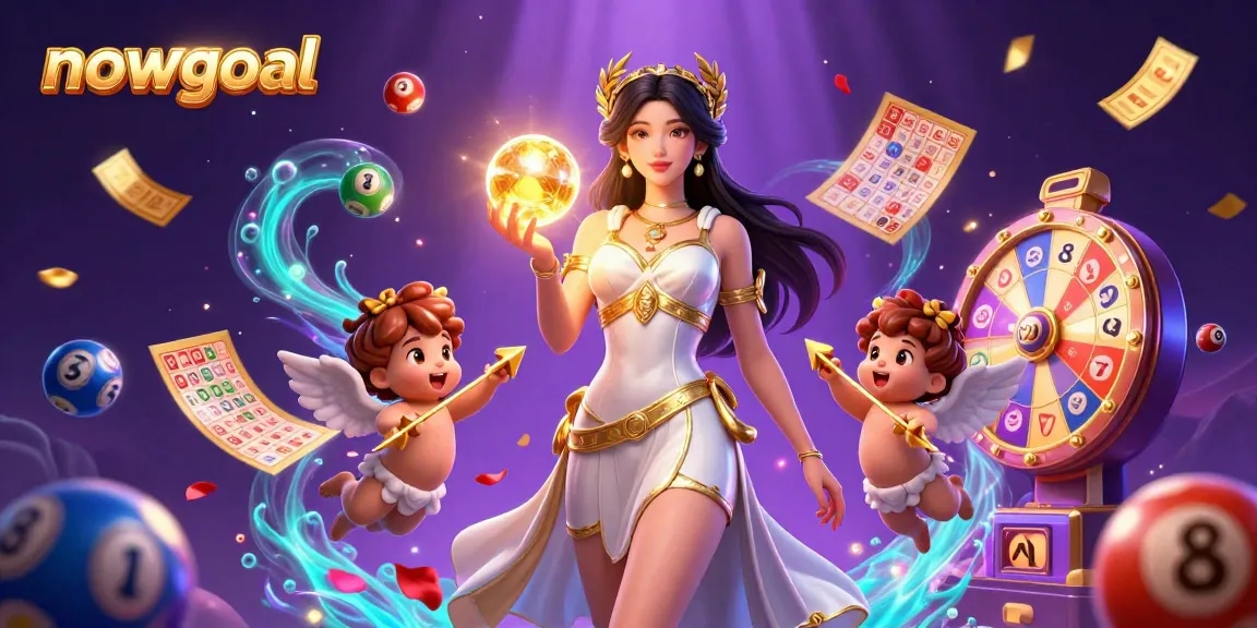 Engage with the nowgoal experience featuring a stunning goddess and dynamic lottery elements.