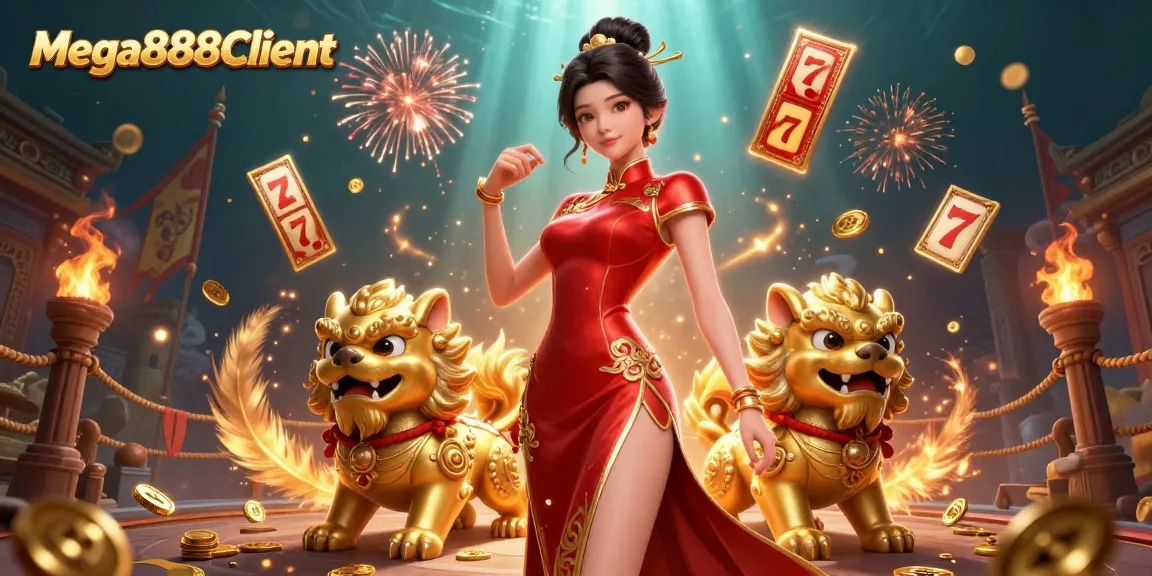 Engage in thrilling gameplay with Mega888Client featuring a glamorous Asian woman amid dynamic casino elements.