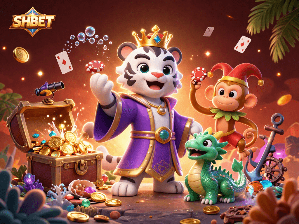 Experience SHBET's vibrant casino world with a majestic tiger and playful monkey in a rich 3D illustration.