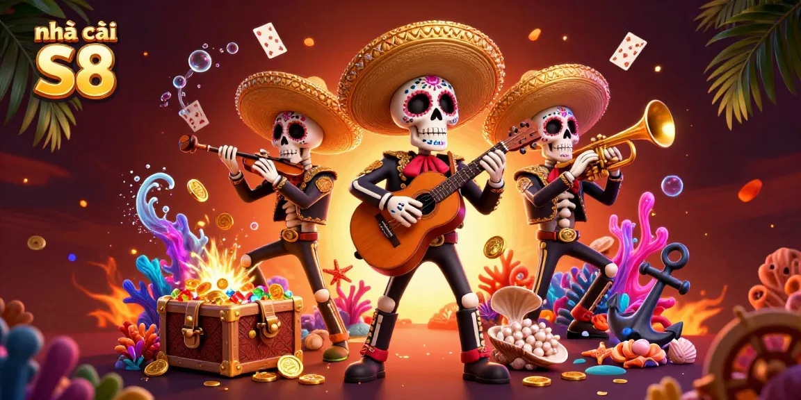 Experience the thrills with nhà cái S8's vibrant gaming scene featuring colorful mariachi skeletons and rich treasures.