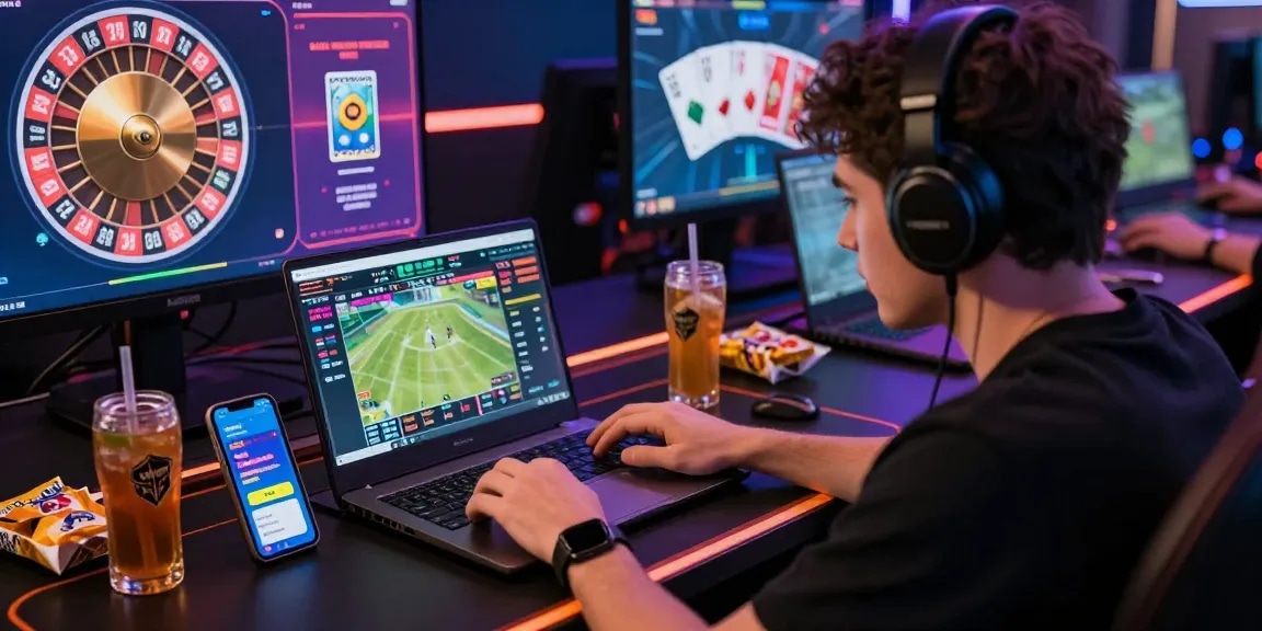 LUCK8 online betting player engaging with live stats and games in a vibrant gaming room.