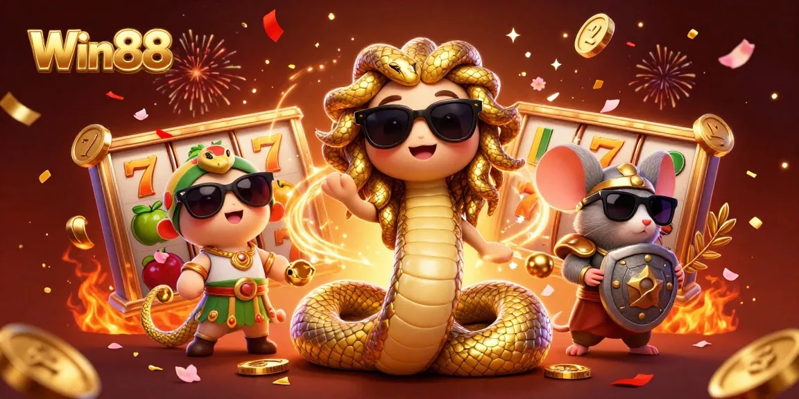 Experience thrilling gameplay at Win88 with Medusa and a warrior mouse in a vibrant casino scene.