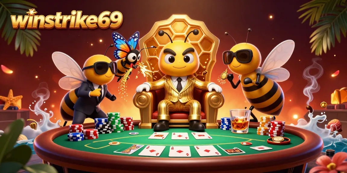 winstrike69 showcases a colorful and vibrant casino scene with a cartoon mob boss and poker elements.