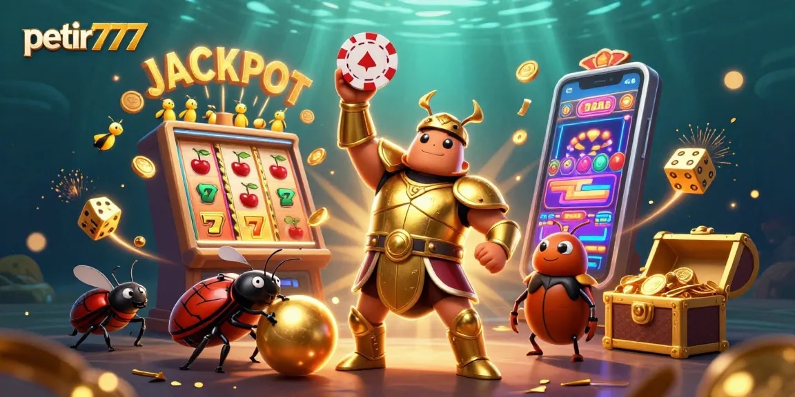 Experience winnings with petir777 as beetles celebrate a jackpot in a casino-themed illustration.