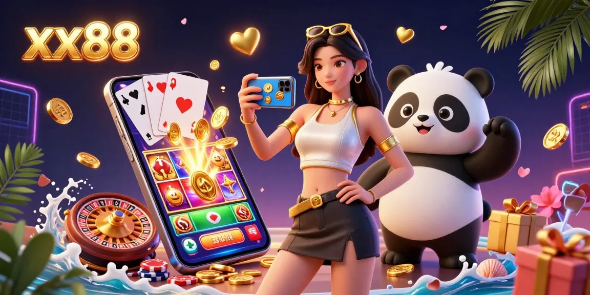 Feel the thrill at xx88 as you explore a vibrant casino game with golden coins and fun characters.