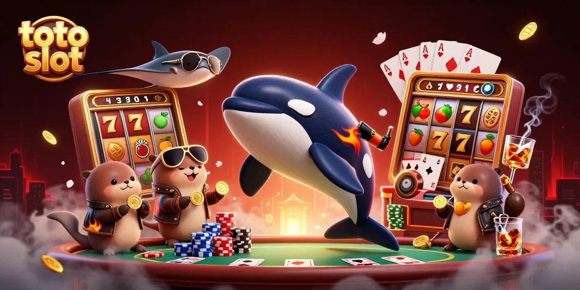 Experience thrilling toto slot action as an orca, stingray, and otter family engage in vibrant casino fun