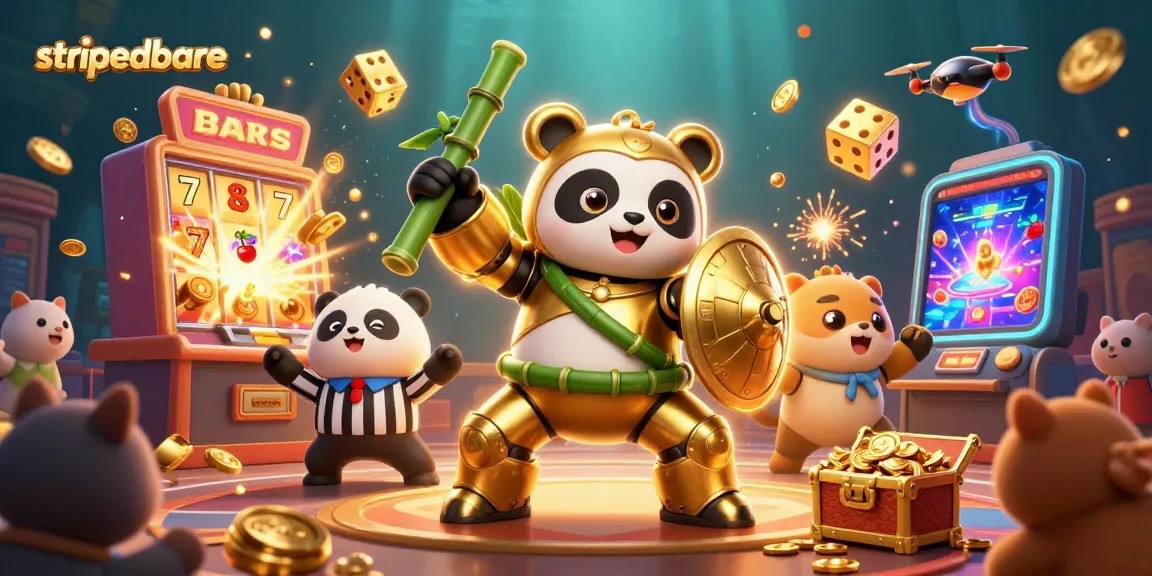 Slot jackpot besar dan permainan seru di strippedbare, dengan panda robot dan simbol kasino!