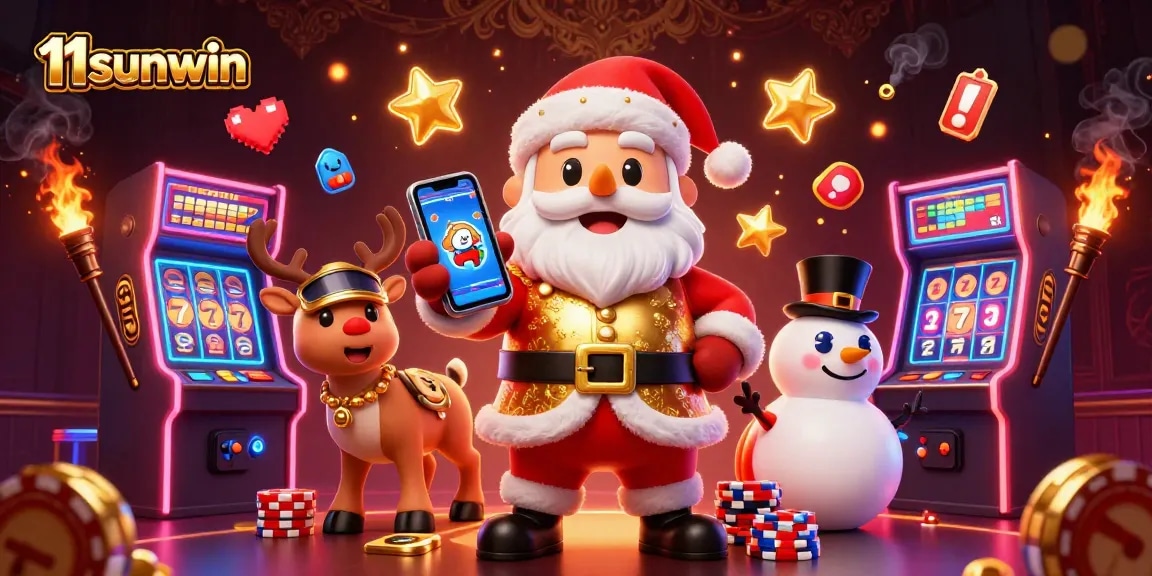 11sunwin jackpot slots scene with Santa, reindeer, and snowman in a vibrant casino