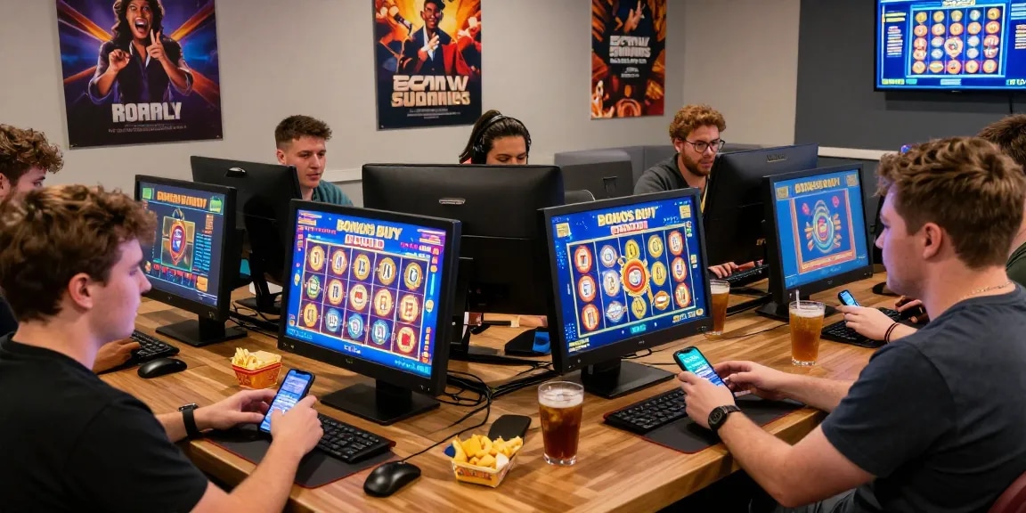 Exciting players enjoying Bonus Buy slots at https://bbsfieldguide.org.uk/ in vibrant gaming lounge