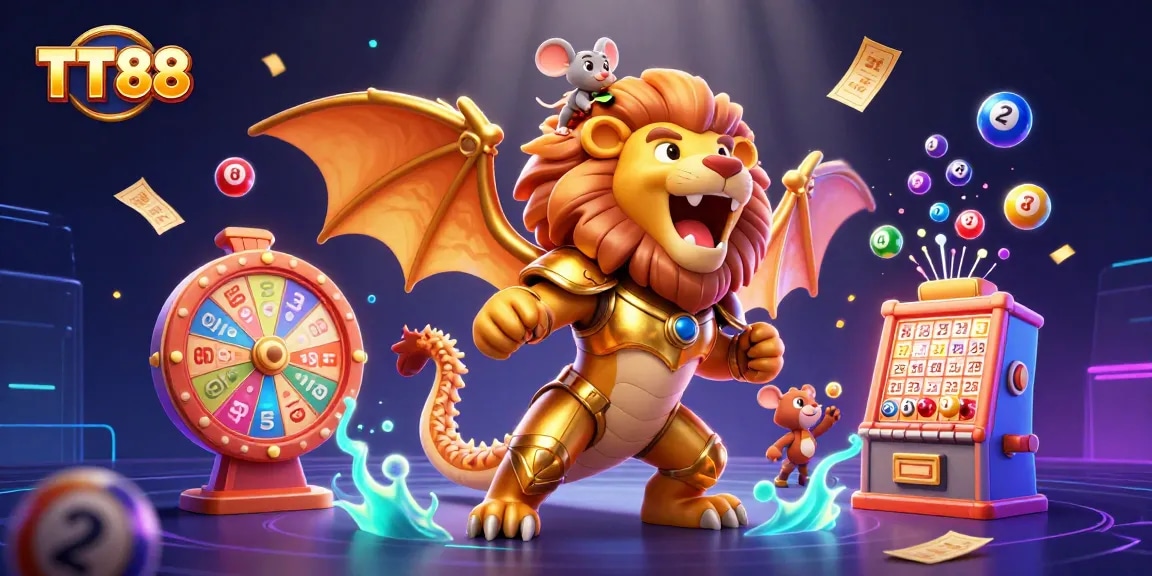 Experience the excitement of TT88 with this vibrant casino-themed 3D illustration featuring dynamic game elements.