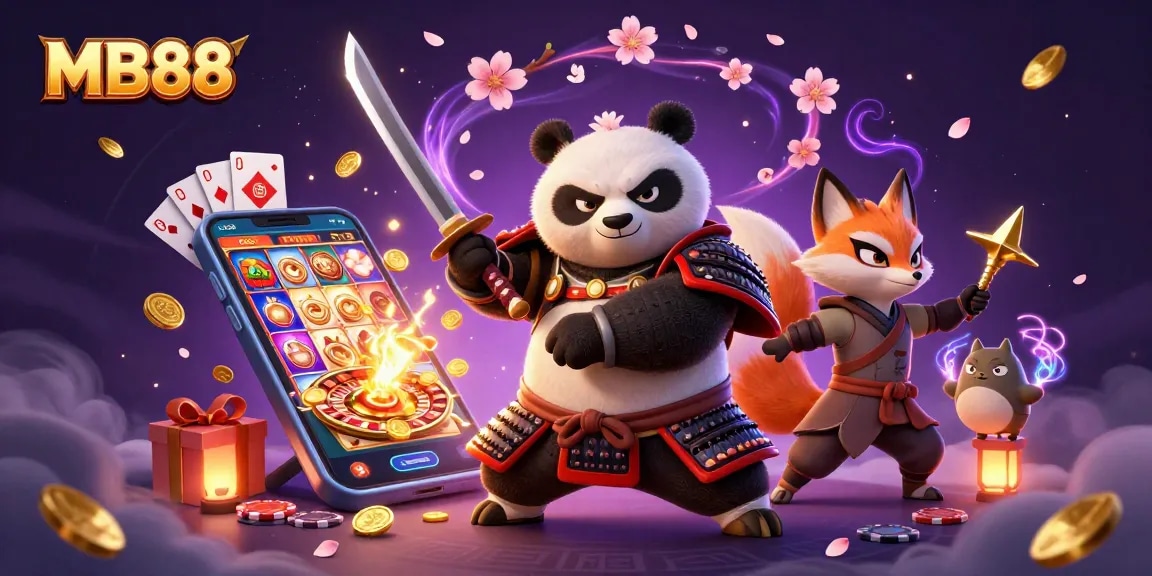 Khám phá thế giới slot game của MB88 với samurai panda và ninja fox trong khung cảnh huyền ảo
