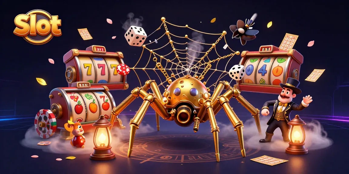 Spin dynamic Slot reels with a whimsical scene of golden spiders and lucky charms in motion.