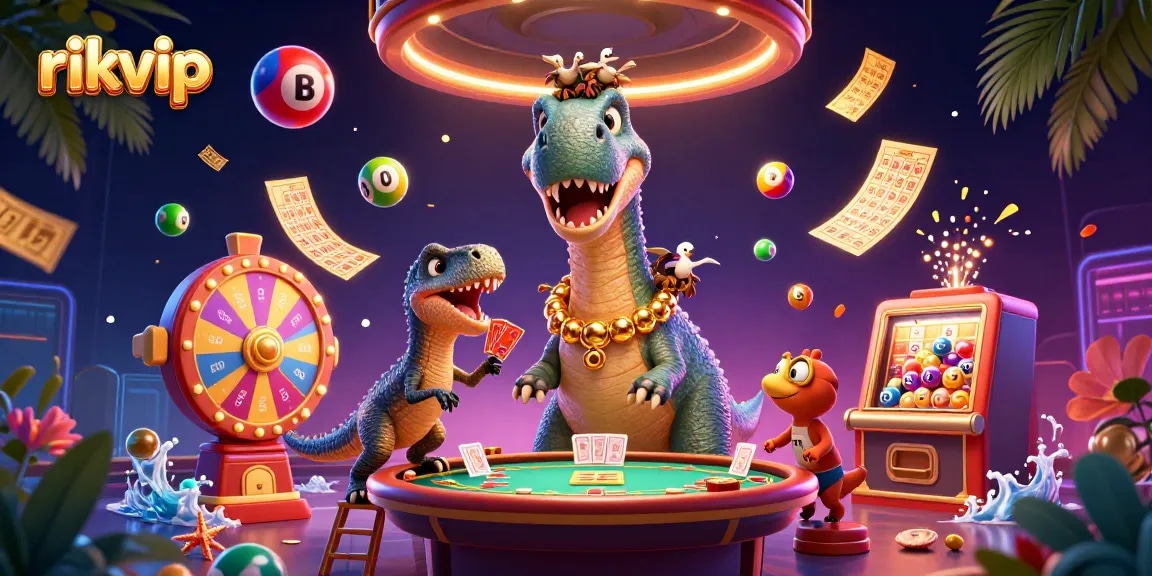 Win big at rikvip with a vibrant casino scene showcasing lively game elements and playful characters.