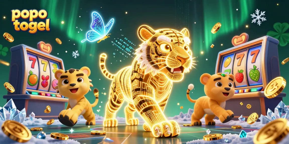 Experience the excitement of popo togel in a dynamic, vibrant casino scene with golden tiger and slot elements.