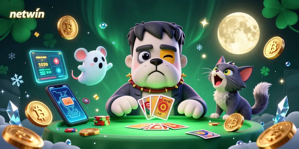 Join the netwin casino fun as a Frankenstein bulldog dealer engages players at a lively gaming table.