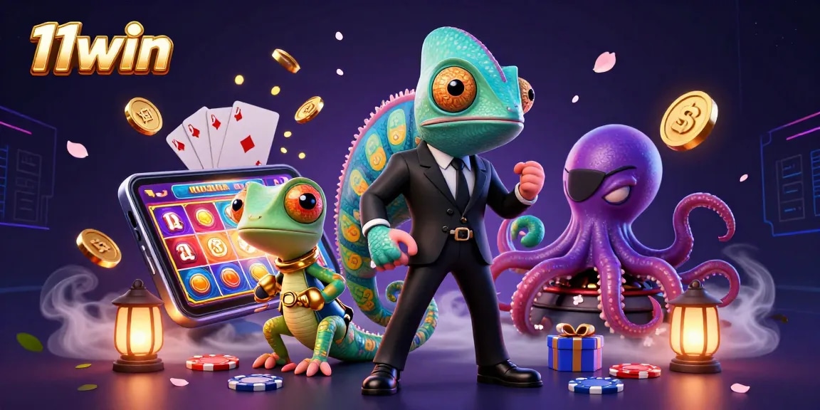 Experience thrilling gambling with 11win as colorful gaming elements surround secret agent chameleon.