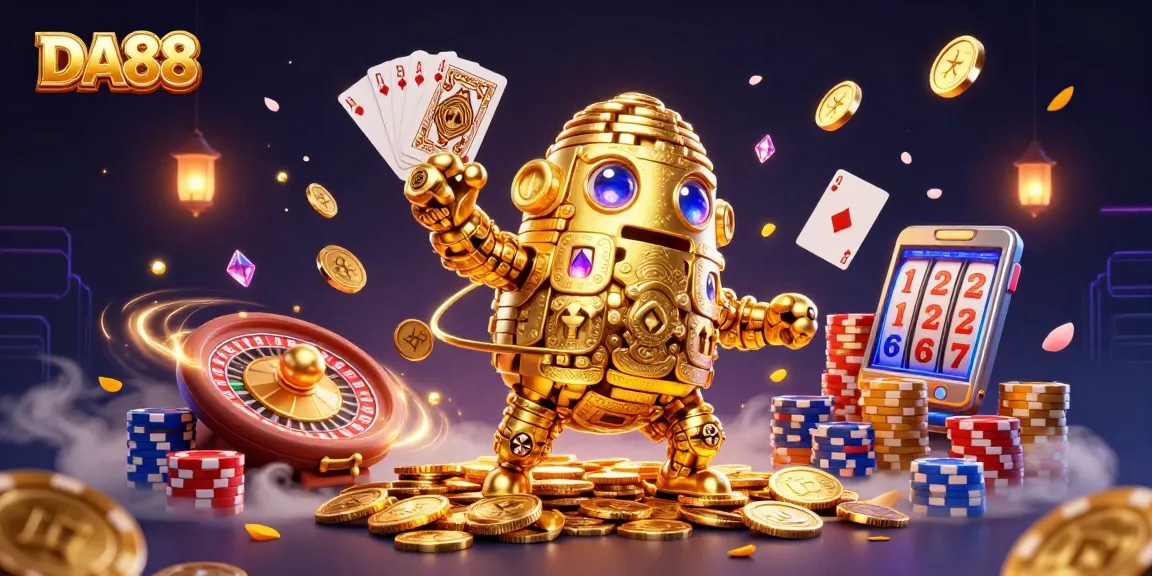 Experience DA88 with a vibrant illustration of a golem made of coins amidst casino elements and lucky symbols.