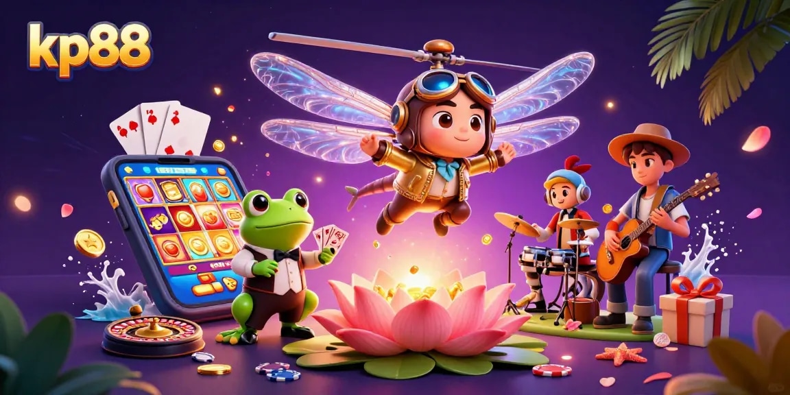 Engage with kp88's vibrant gaming scene featuring charming characters, slot games, and casino elements.