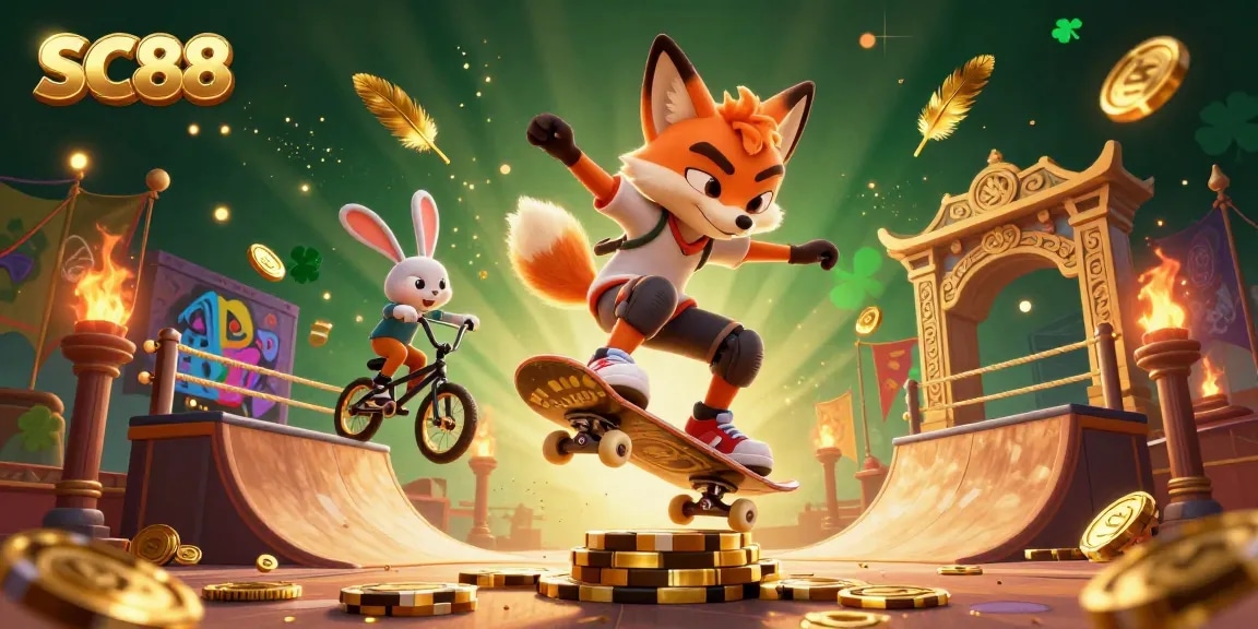 Engage with SC88's thrilling atmosphere in this vibrant casino illustration featuring a skateboarder fox and BMX rabbit.