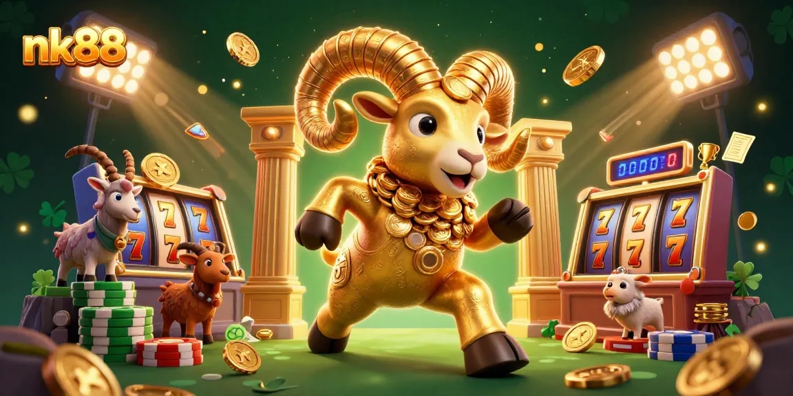 Experience thrilling gambling at nk88 with dynamic slot action featuring a golden ram and vibrant casino elements.