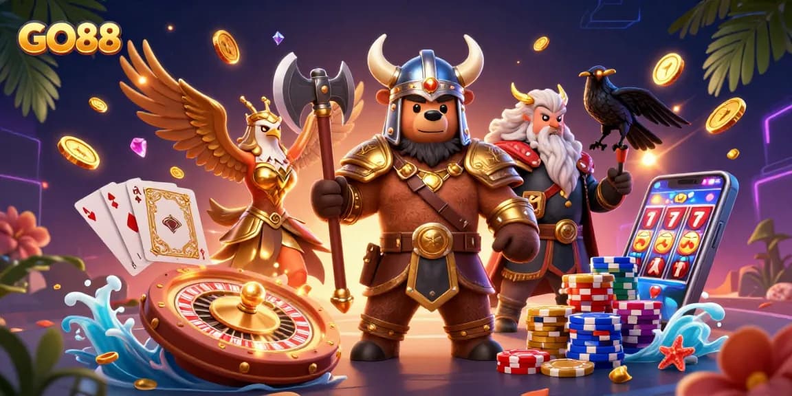 Experience GO88's vibrant casino action with a Viking bear, Valkyrie eagle, and dynamic game elements.