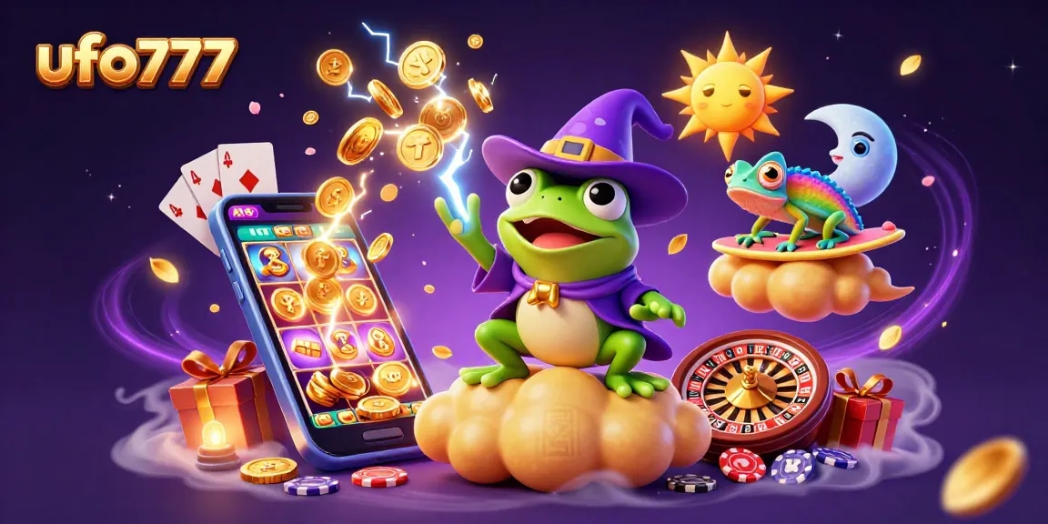 Experience the excitement of ufo777 with a magical illustration of a weather wizard frog and chameleon amidst coins and gaming elements.