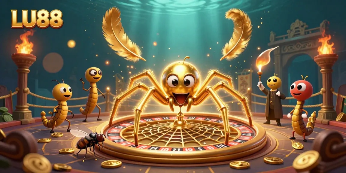 LU88 offers a thrilling betting scene with a golden spider spinning a roulette web amidst vibrant casino elements.