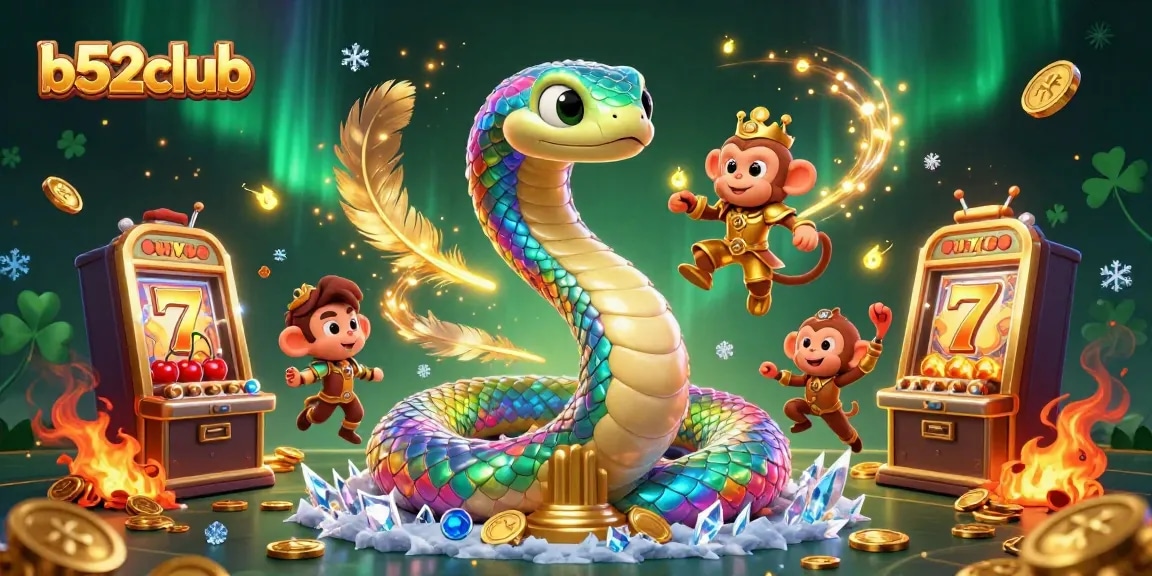 B52club showcases a vibrant casino scene with a colorful serpent and playful monkey amidst exciting slot game elements.
