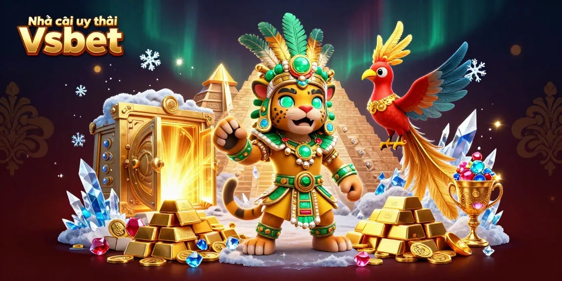 Experience excitement with Nhà cái uy tín Vsbet, showcasing a vibrant casino atmosphere with dynamic characters and treasures.