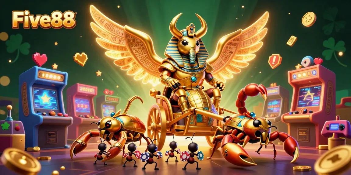 Five88 casino features a colossal golden scarab beetle and jewel-encrusted scorpions amidst vibrant gaming elements.