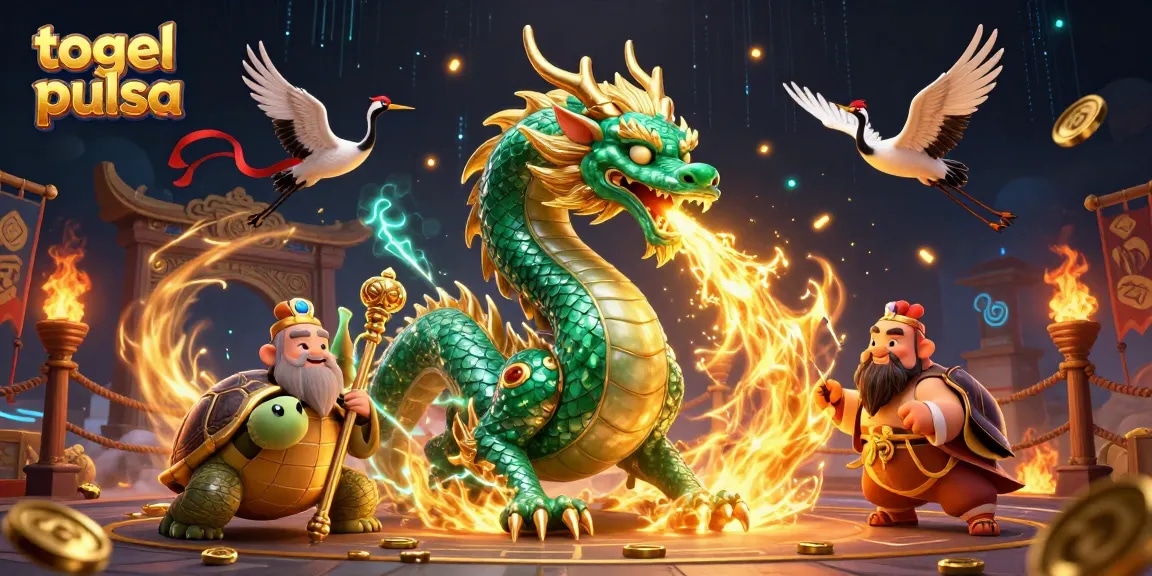 Engage in togel pulsa with a vibrant scene featuring a dragon, turtle sage, and lucky cranes.