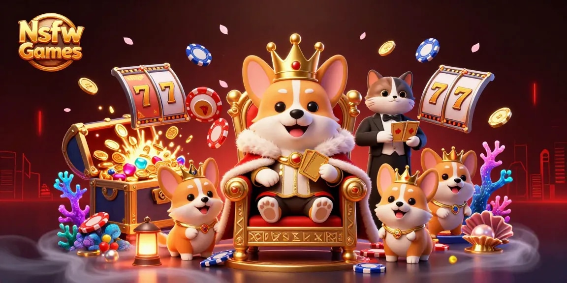 Engage in Nsfw Games with dynamic slot reels and royal-themed characters in a vibrant casino scene.