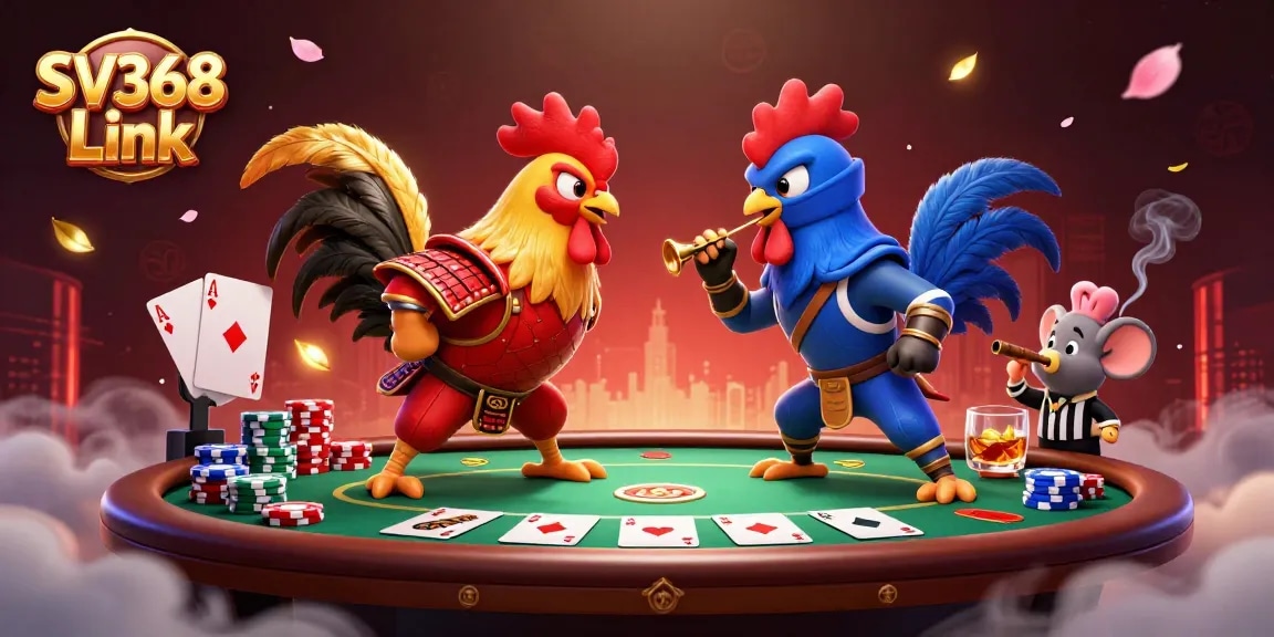 Engage with exciting SV368 Link cockfighting and gaming elements featuring dynamic rooster battle.