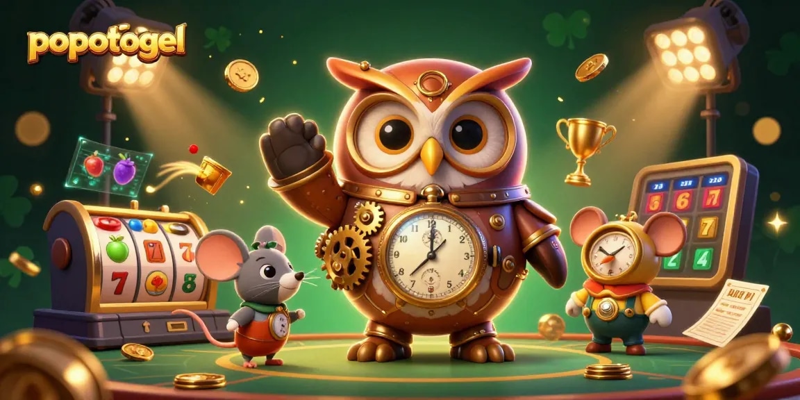 Experience the thrill at popotogel with dynamic slot reels and captivating casino elements in an engaging scene.
