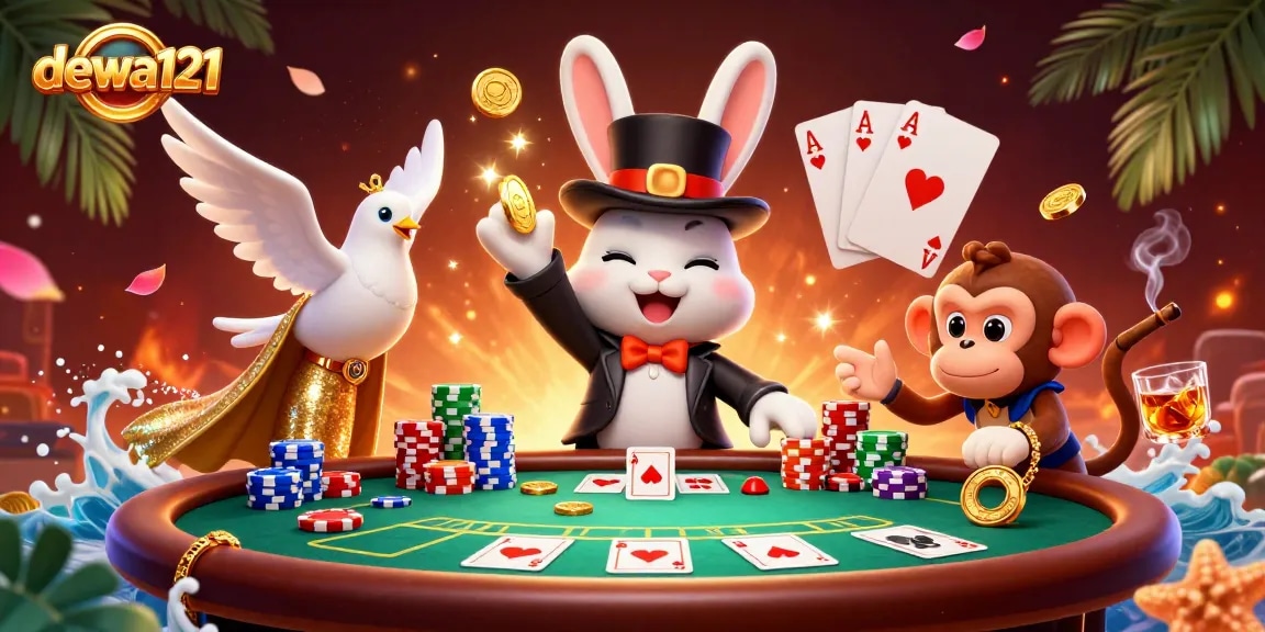 Rasakan sensasi kemenangan dengan suasana kasino Dewa121 yang hidup dengan pesulap dan chip.