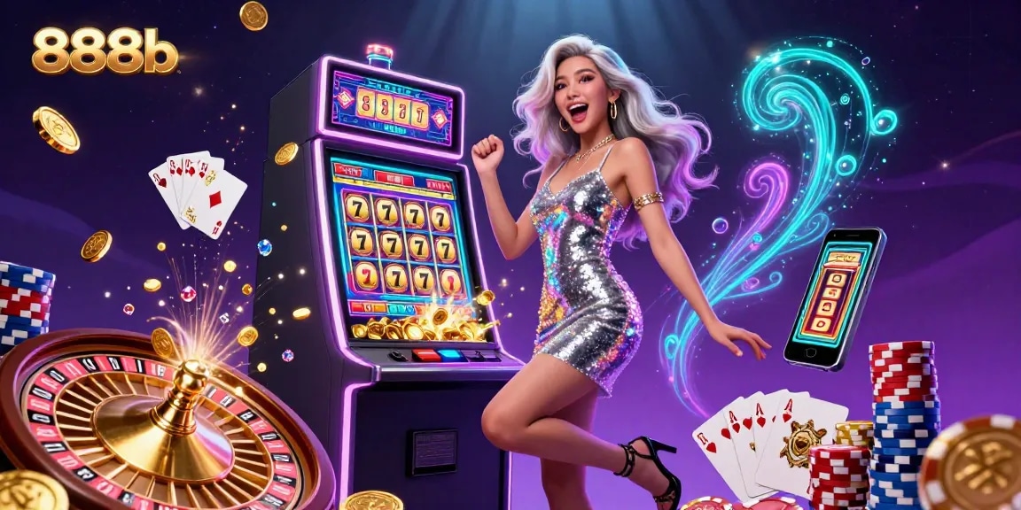 Experience winning moments at 888b with a dazzling slot machine celebration featuring coins and lights.