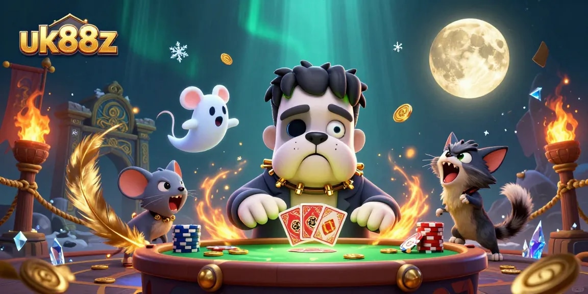 uk88z showcases a fun and dynamic 3D casino illustration featuring a Frankenstein bulldog monster dealing cards.