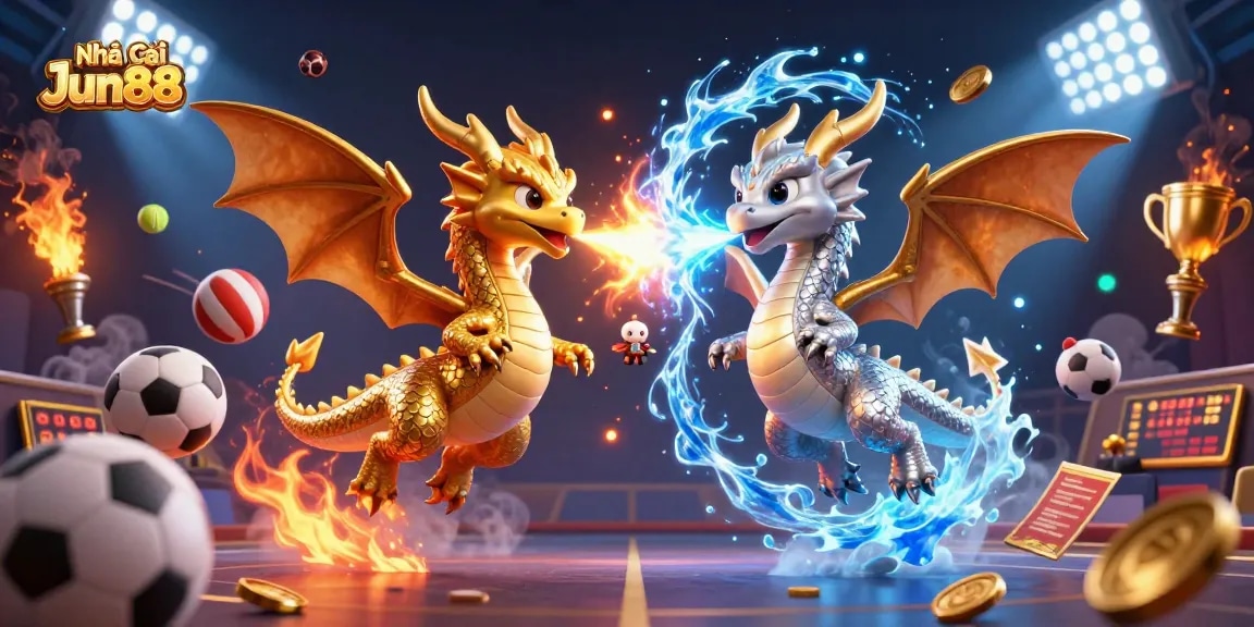 Experience thrilling wins at Nhà cái Jun88 with vibrant casino games illustrated by cartoon dragons.