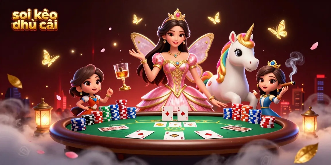Experience soi kèo nhà cái dynamics with detailed poker elements and a glamorous 3D scene.